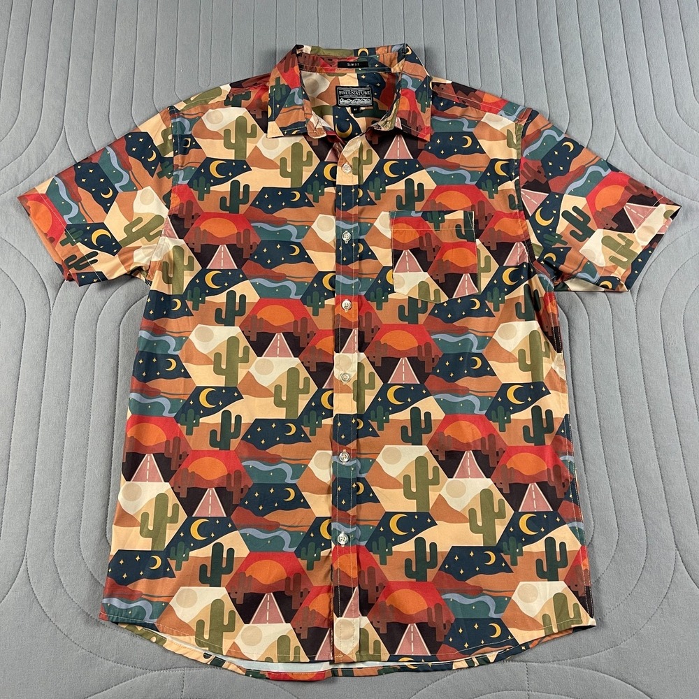 FREE NATURE - Desert Night - Mens short sleeve button slim fit shirt cactus - M